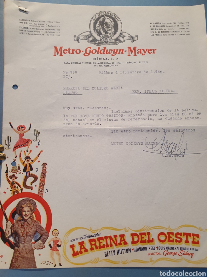 Facturas antiguas: LA REINA DEL OESTE. METRO GOLDWYN-MAYER. A&Ntilde;O 1950.