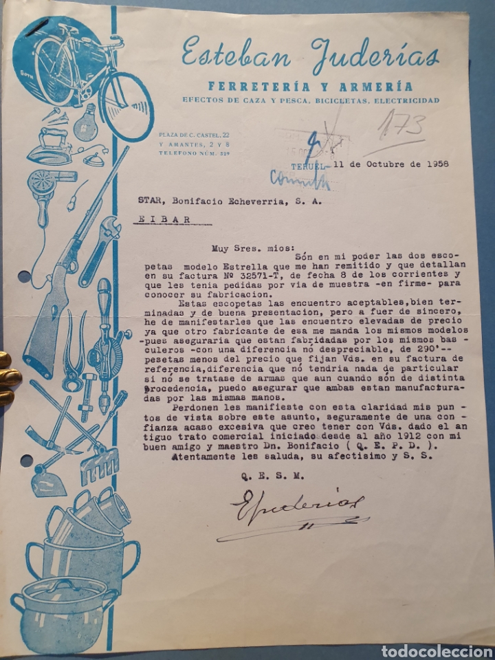 Facturas antiguas: ESTEBAN JUDERIAS. ARMERIA Y FERRETER&Iacute;A. TERUEL. FACTURA 1958