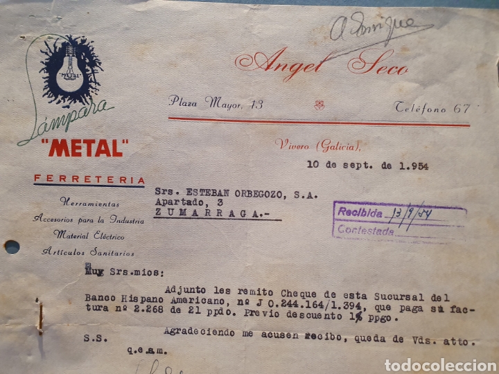 Facturas antiguas: ANGEL SECO. FERRETERIA. LAMPARAS METAL. VIVERO. GALICIA. FACTURA A&Ntilde;O 1954.