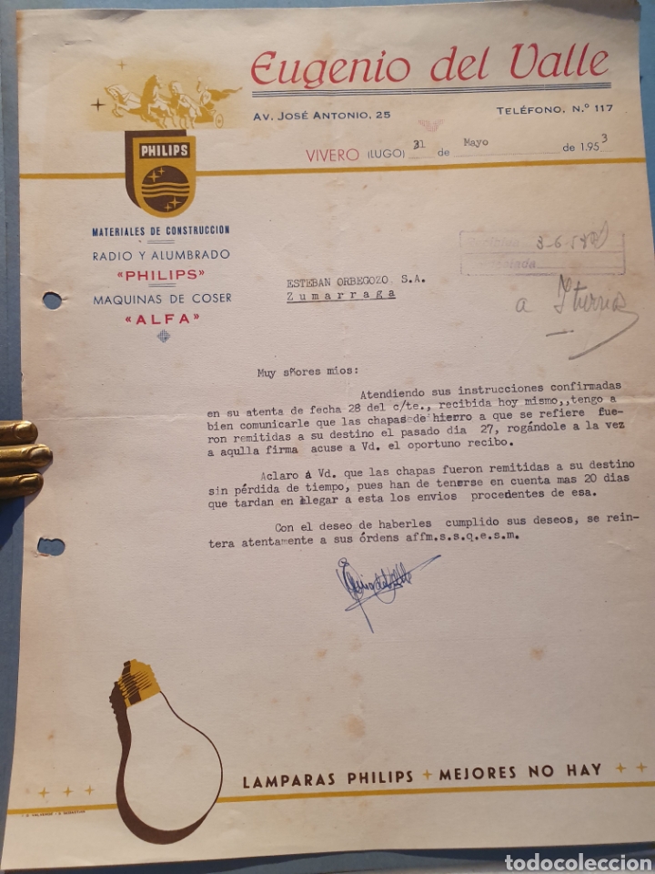 Facturas antiguas: EUGENIO DEL VALLE. VIVERO, LUGO. FACTURA A&Ntilde;O 1953.
