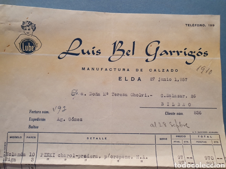Facturas antiguas: LUIS BEL GARRIGOS. ELDA. MANUFACTURAS DEL CALZADO. ANTIGUA FACTURA 1958.