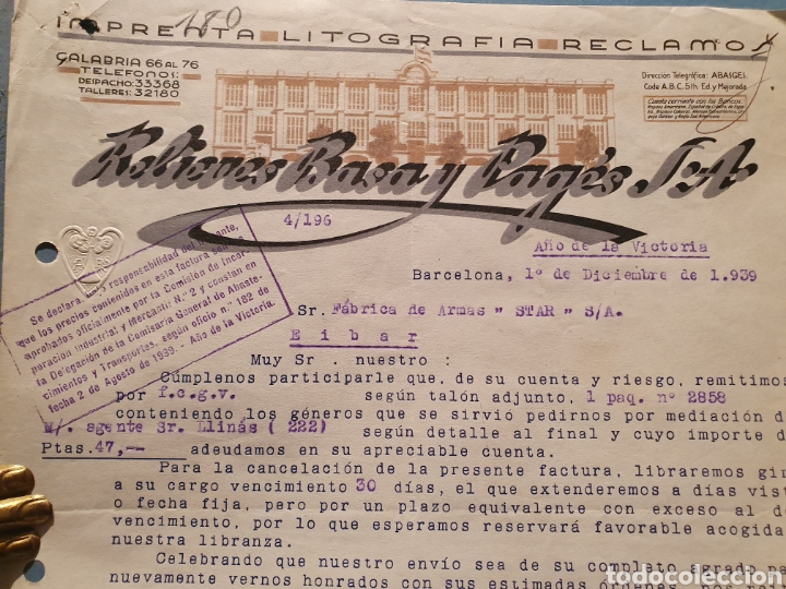 Facturas antiguas: BASA Y PAGES RELIEVES. IMPRENTA BARCELONA. ANTIGUA FACTURA 1939.