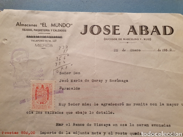 Facturas antiguas: ALMACENES EL MUNDO. JOSE ABAD. MIERES. ANTIGUA FACTURA 1939.