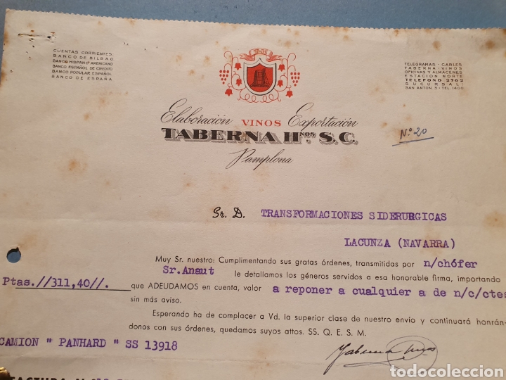 Facturas antiguas: TABERNA HERMANOS. VINOS. PAMPLONA. ANTIGUA FACTURA 1953.