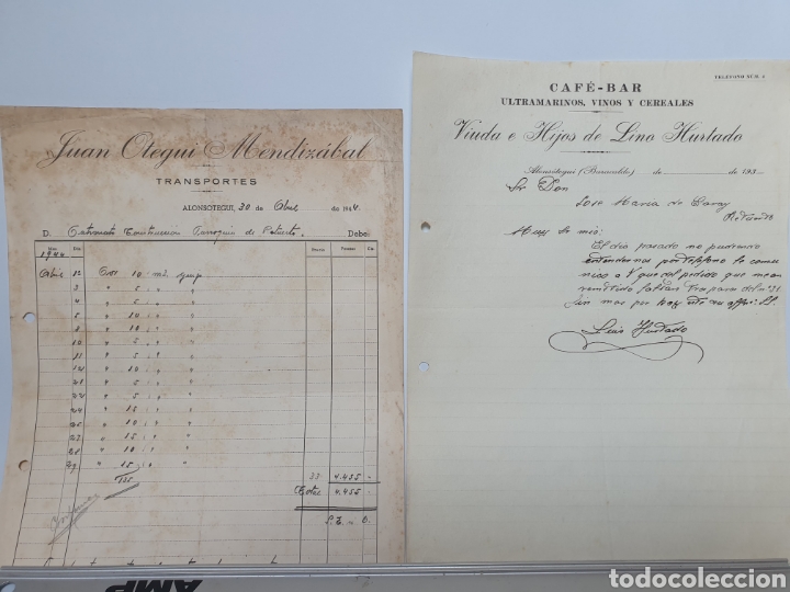 Facturas antiguas: 2 FACTURAS ALONSOTEGUI. A&Ntilde;OS 30-40. JUAN OTEGUI MENDIZABAL, LINO HURTADO. TRANSPORTES, ULTRAMARINOS.