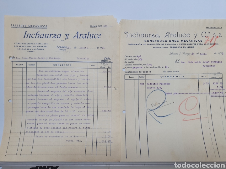 Facturas antiguas: INCHAURZA Y ARALUCE, LEZAMA. 2 ANTIGUAS FACTURAS A&Ntilde;OS 30. CONSTRUCCIONES MECANICAS.