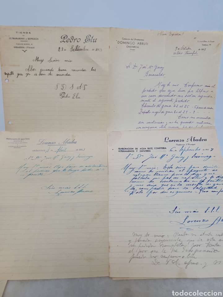 Facturas antiguas: 4 FACTURAS ONDARROA. A&Ntilde;OS 30. DOMINGO ARRUTI, LORENZO ABADEA, PEDRO ELU.