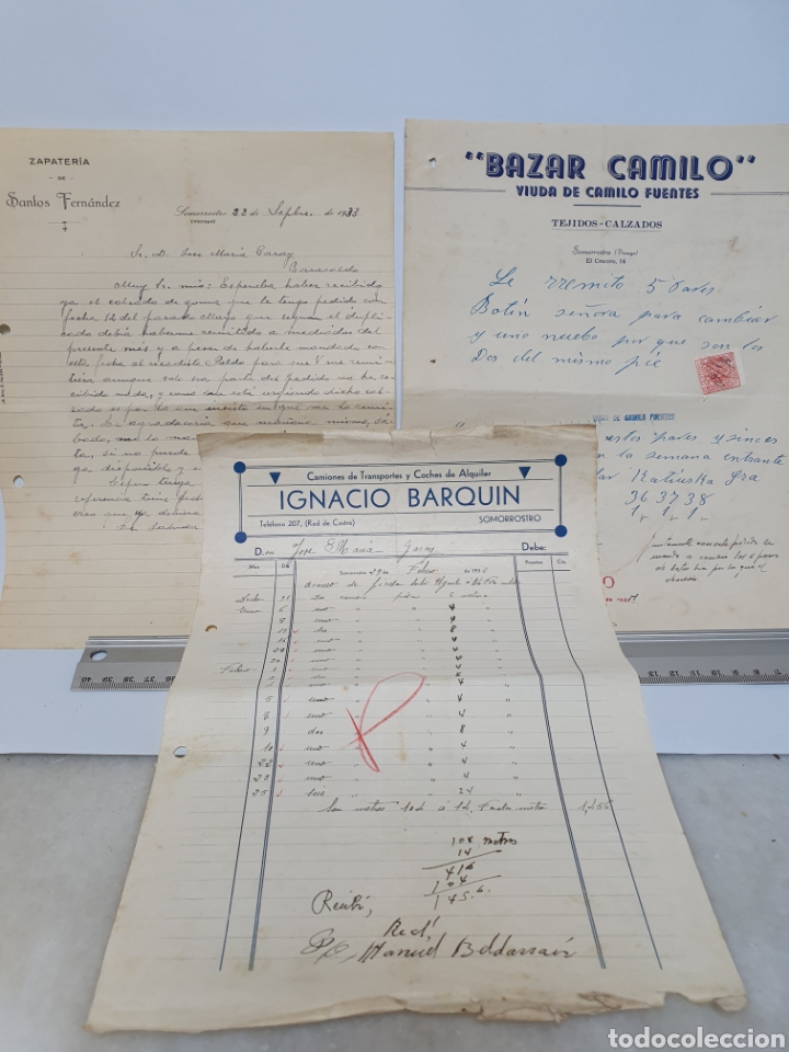 Facturas antiguas: 3 FACTURAS A&Ntilde;OS 30. SOMORROSTRO. BAZAR CAMILO, IGNACIO BARQUIN, SANTOS FERNANDEZ.