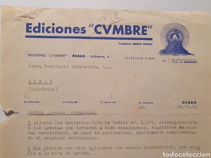 Facturas antiguas: EDICIONES CUMBRE. BILBAO. ANTIGUA FACTURA 1942.