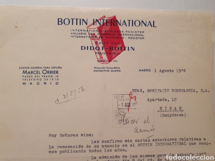 Facturas antiguas: BOTTIN INTERNATIONAL, MARCEL ORRIER. MADRID 1956. ANTIGUA FACTURA.