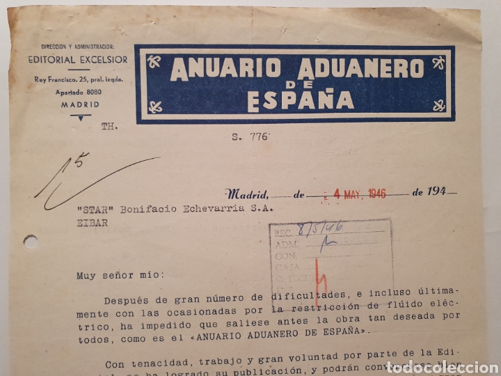 Facturas antiguas: ANUARIO ADUANERO DE ESPA&Ntilde;A. EDITORIAL EXCELSIOR. ANTIGUA FACTURA MADRID 1954.