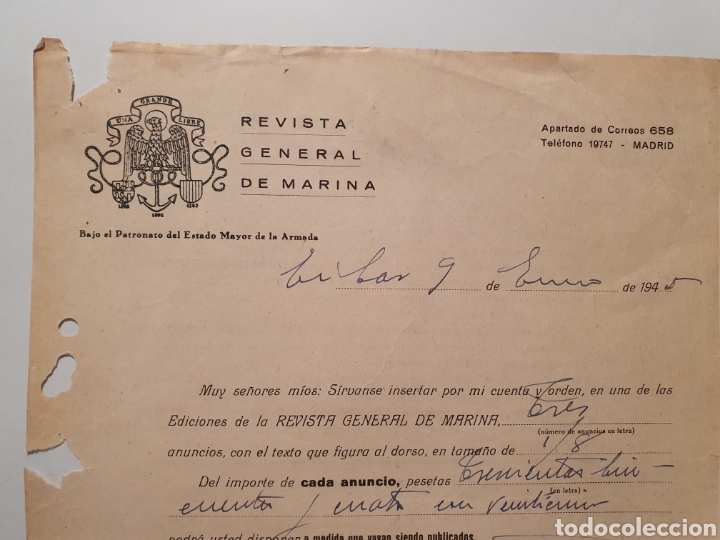 Facturas antiguas: REVISTA GENERAL DE MARINA. ANTIGUA FACTURA Y POSTAL 1945. MADRID.