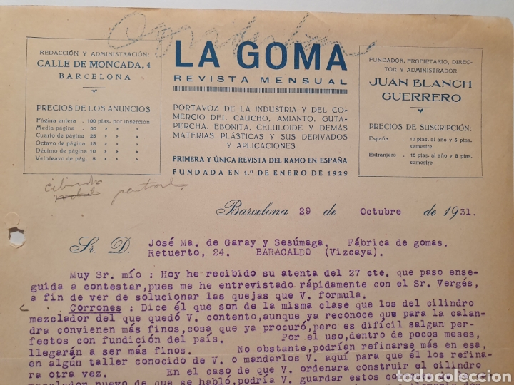 Facturas antiguas: LA GOMA, REVISTA MENSUAL. JUAN BLANCH GUERRERO. ANTIGUA FACTURA 1931. BARCELONA.