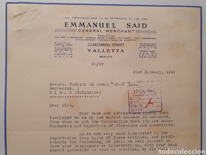 Facturas antiguas: EMMANUEL SAID. VALLETTA. MALTA. ANTIGUA FACTURA 1949. GENERAL MERCHANT.