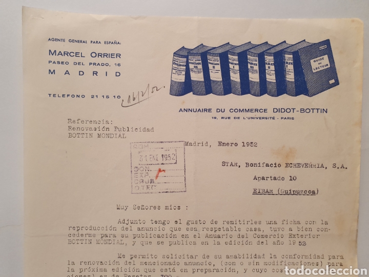 Facturas antiguas: DIDOT-BOTTIN. ANNUAIRE DU COMMERCE. MARCEL ORRIER. MADRID. FACTURA 1952