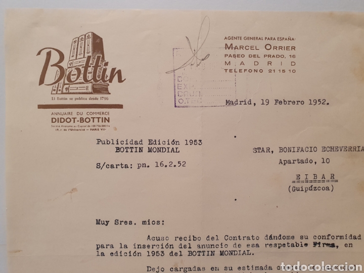 Facturas antiguas: DIDOT-BOTTIN. ANNUAIRE DU COMMERCE. MARCEL ORRIER. MADRID. FACTURA 1952.