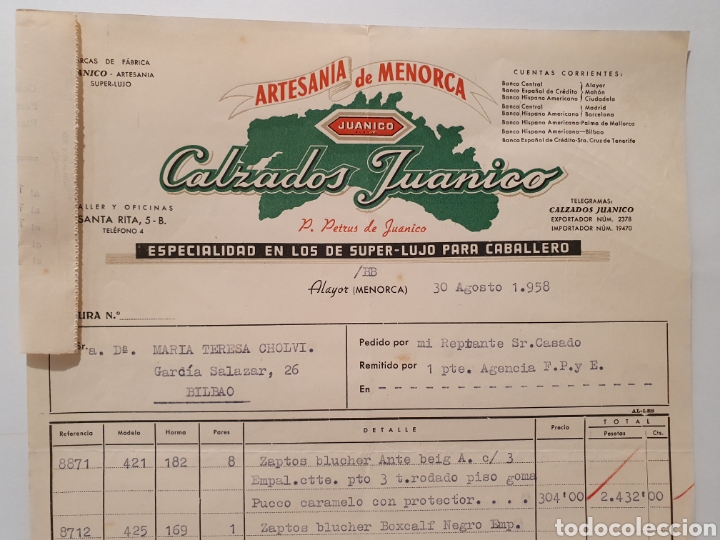 Factures anciennes: ARTESAN&Iacute;A DE MENORCA. CALZADOS JUANICO. ALAYOR. MENORCA. FACTURA 1958.