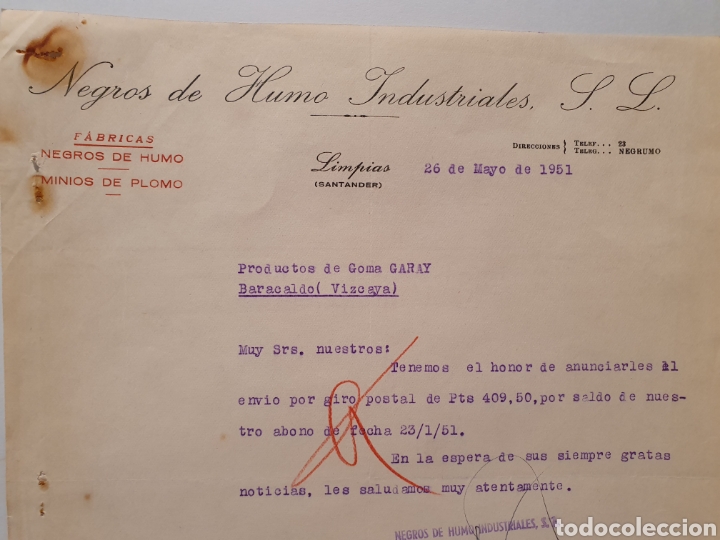 Factures anciennes: NEGROS DE HUMO INDUSTRIALES. LIMPIAS, SANTANDER. FABRICAS NEGROS DE HUMO. FACTURA 1951.