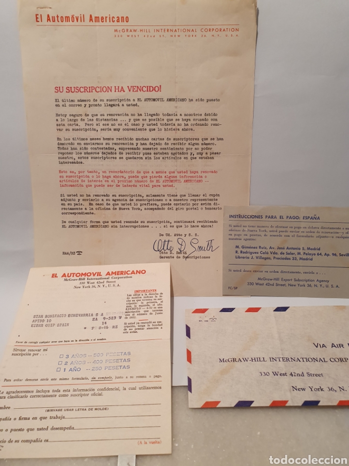 Factures anciennes: EL AUTOMOVIL AMERICANO. MC GRAW-HILL INTERNATIONAL CORPORATION. NEW YORK. FACTURA SUSCRIPCION.