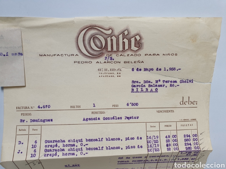Factures anciennes: MANUFACTURAS DE CALZADO DE NI&Ntilde;OS. CONBE. PEDRO ALRCON BELE&Ntilde;A. FACTURA ELDA 1958.