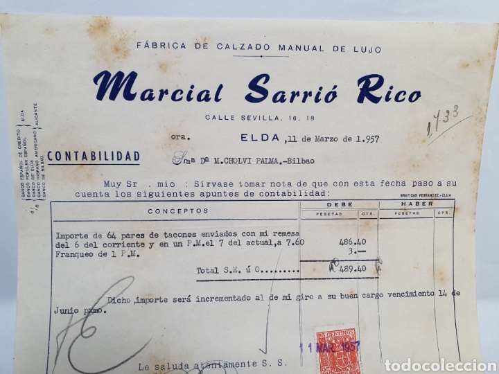 Factures anciennes: FABRICA DE CALZADO. MARCIAL SARRIO RICO. FACTURA ELDA. 1957.