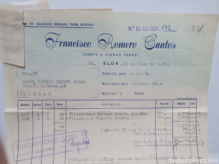 Factures anciennes: FRANCISCO ROMERO CANTOS. FABRICA CALZADO MANUAL SE&Ntilde;ORA. FACTURA ELDA. 1954.