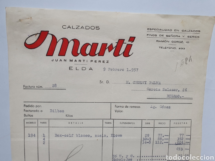 Factures anciennes: CALZADOS MARTI, JUAN MARTI PEREZ. ELDA. FACTURA 1957.