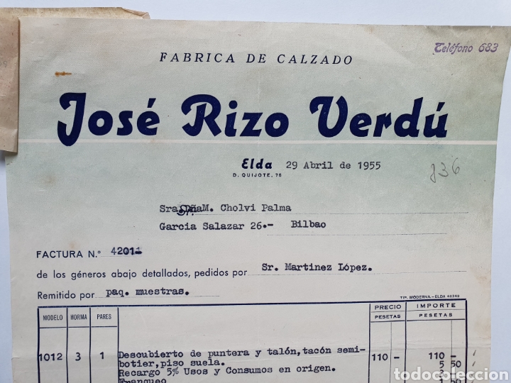 Factures anciennes: FABRICA DE CALZADO. JOSE RIZO VERDU. ELDA. FACTURA 1955.