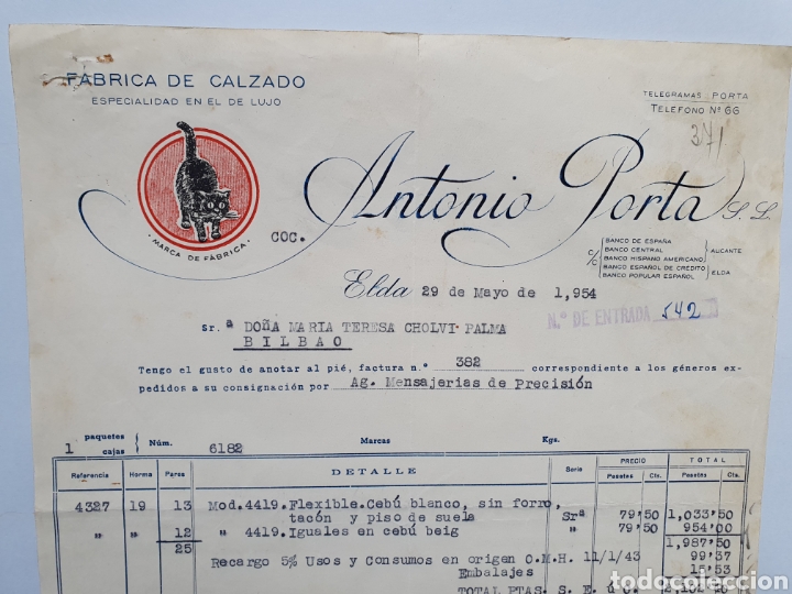 Factures anciennes: FABRICA DE CALZADO ESPECIALIDAD EN EL DE LUJO, ANTONIO PORTA. ELDA. FACTURA 1954.