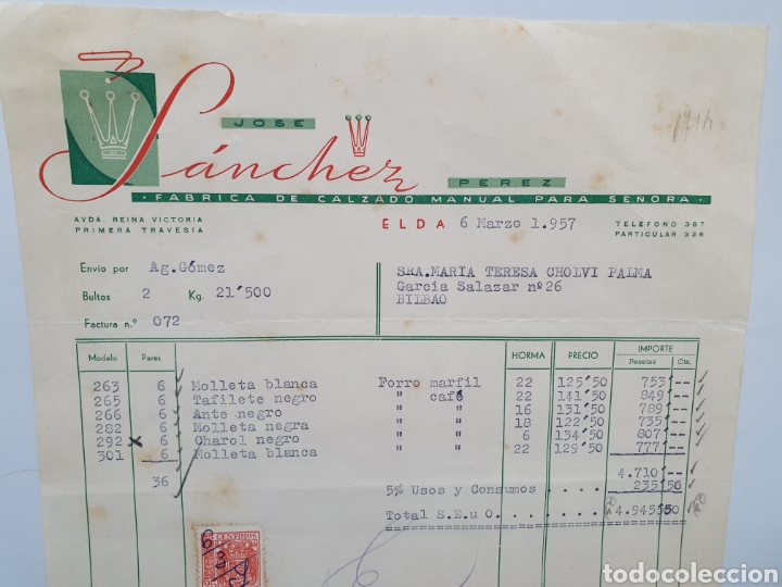Factures anciennes: JOSE SANCHEZ PEREZ. FABRICA DE CALZADO MANUAL DE SE&Ntilde;ORA. FACTURA 1957. ELDA.