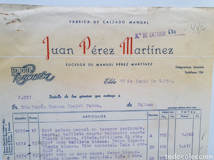 Factures anciennes: FABRICA DE CALZADO MANUAL. ELDA. JUAN PEREZ MARTINEZ. FACTURA 1954.