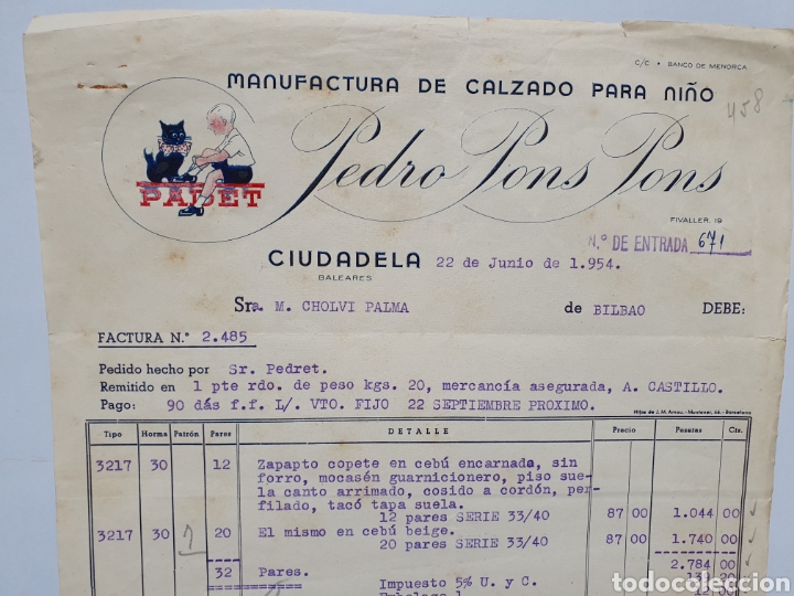 Factures anciennes: MANUFACTURAS CALZADO PARA NI&Ntilde;O. PEDRO PONS PONS. CIUDADELA, MENORCA. FACTURA 1954.
