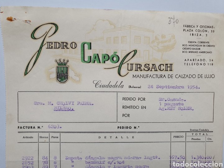 Factures anciennes: PEDRO CAPO CURSACH. MANUFACTURA DE CALZADO DE LUJO. CIUDADELA. BALEARES. FACTURA 1954.