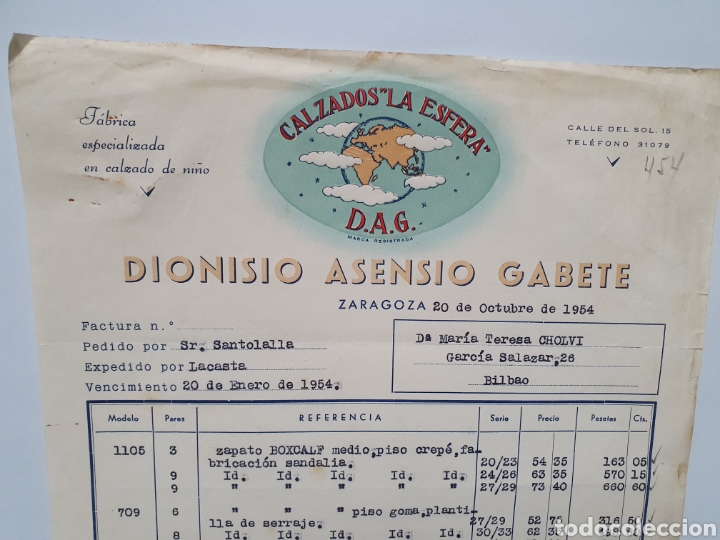 Factures anciennes: CALZADOS LA ESFERA. DIONISIO ASENSIO GABATE. ZARAGOZA 1954. FABRICA ESPECIALIZADA EN CALZADO DE NI&Ntilde;O