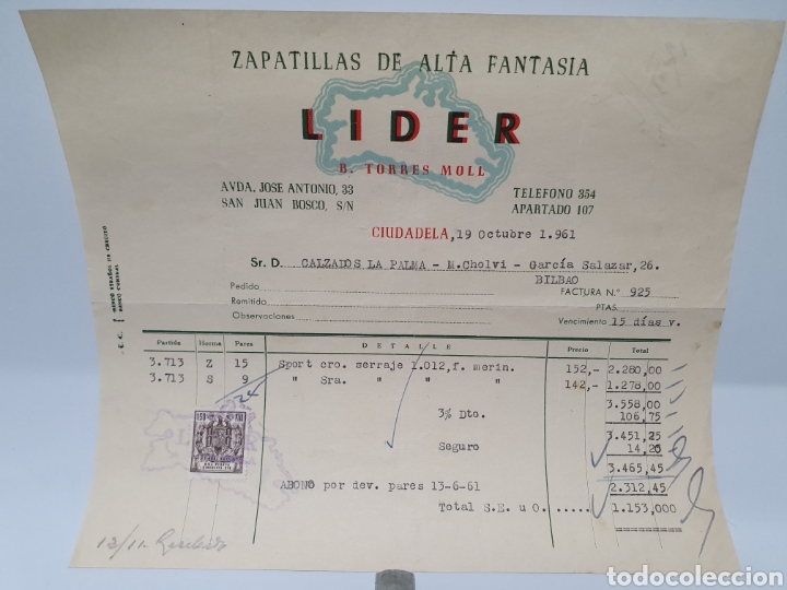 Factures anciennes: ZAPATILLAS DE ALTA FANTASIA. LIDER. B. TORRES MOLL. CIUDADELA. FACTURA 1961.