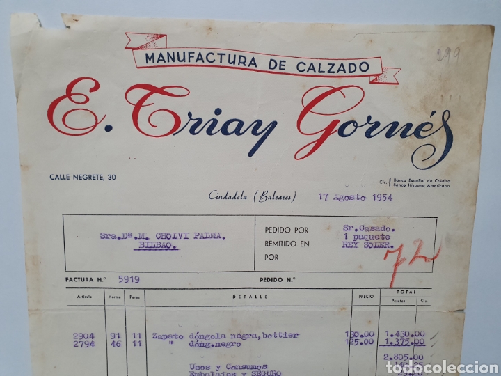Factures anciennes: MANUFACTURAS DE CALZADO. E. TRIAY GORMES. CIUDADELA, BALEARES. FACTURA 1954.