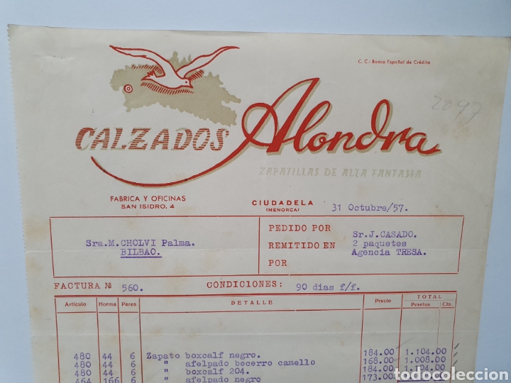 Factures anciennes: CALZADOS ALONDRA. ZAPATILLAS DE ALTA FANTASIA. CIUDADELA. MENORCA. FACTURA 1957.