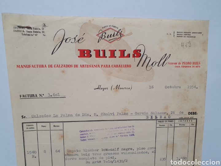 Factures anciennes: JOSE BUILS MOLL. MANUFACTURAS DE CALZADO. ALAYOR. MENORCA. FACTURA 1954.