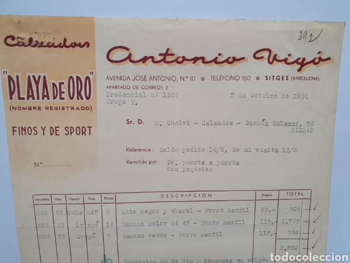 Factures anciennes: CALZADOS PLAYA DE ORO. ANTONIO VIGO. SITGES. FACTURA 1954.