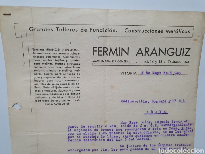 Factures anciennes: FERMIN ARANGUIZ. TALLERES DE FUNDICION. VITORIA. FACTURA 1940.