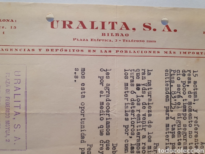Factures anciennes: URALITA S.A. BILBAO. FACTURA 1939.
