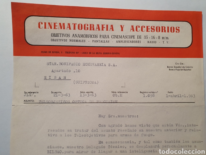 Factures anciennes: CINEMATOGRAFIA Y ACCESORIOS. OBJETIVOS ANAMORFICOS PARA CINEMASCOPE. GERONA. FACTURA 1963