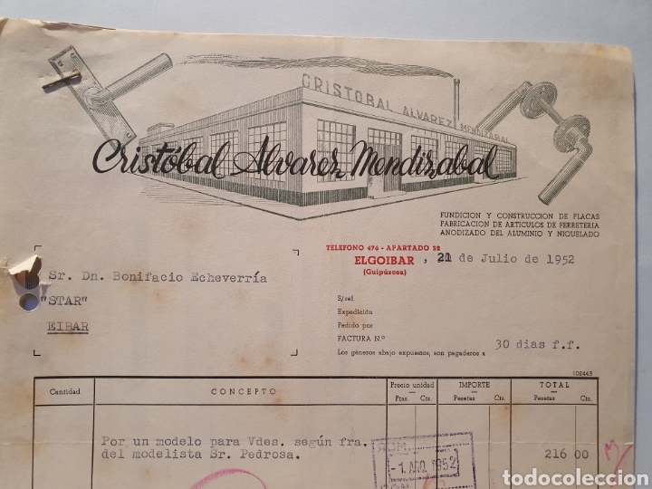 Factures anciennes: CRISTOBAL ALVAREZ MENDIZABAL. FUNDICION. ELGOIBAR. FACTURA 1952.