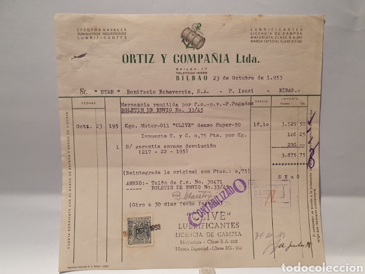 Factures anciennes: ORTIZ Y COMPA&Ntilde;IA. BILBAO. EFECTOS NAVALES. FACTURA 1953.
