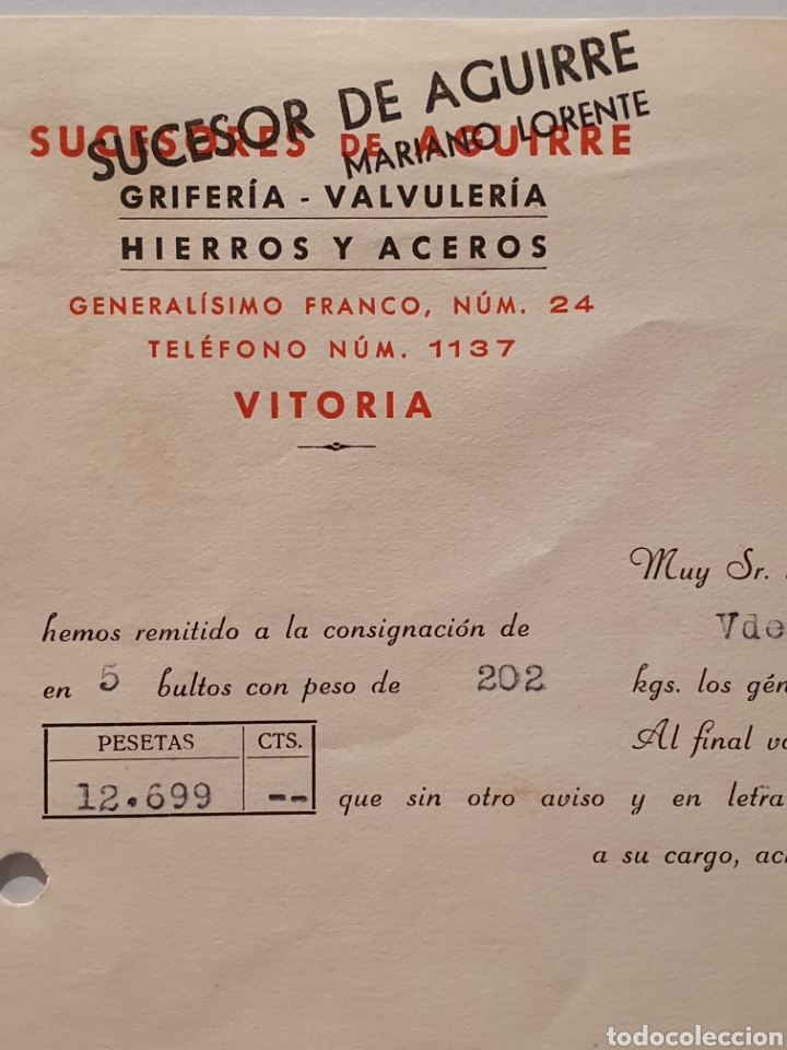 Factures anciennes: SUCESOR DE AGUIRRE, GRIFERIA Y VALVULERIA. VITORIA. FACTURA 1953.