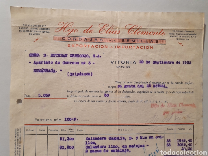 Factures anciennes: HIJO DE ELIAS CLEMENTE. CORDAJES, SEMILLAS. VITORIA. FACTURA 1952.