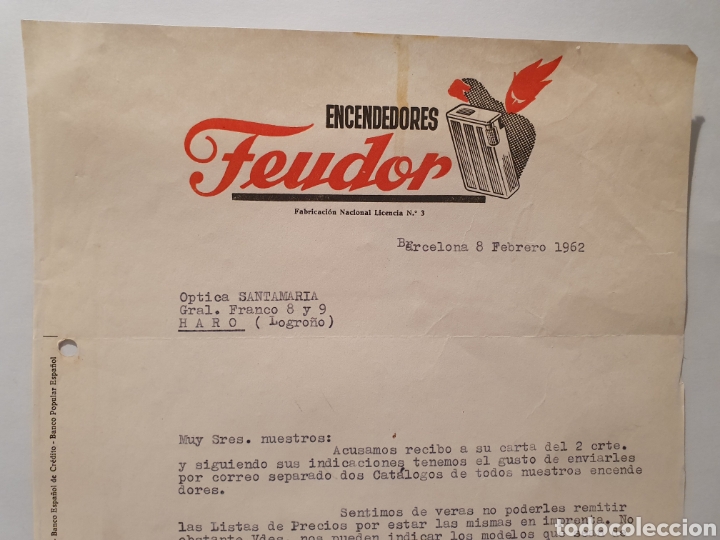 Factures anciennes: ENCENDEDORES FEUDOR. BARCELONA. FACTURA 1962.