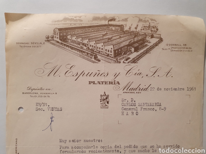 Factures anciennes: M. ESPU&Ntilde;ES Y CIA. PLATERIA. MADRID. FACTURA 1961.