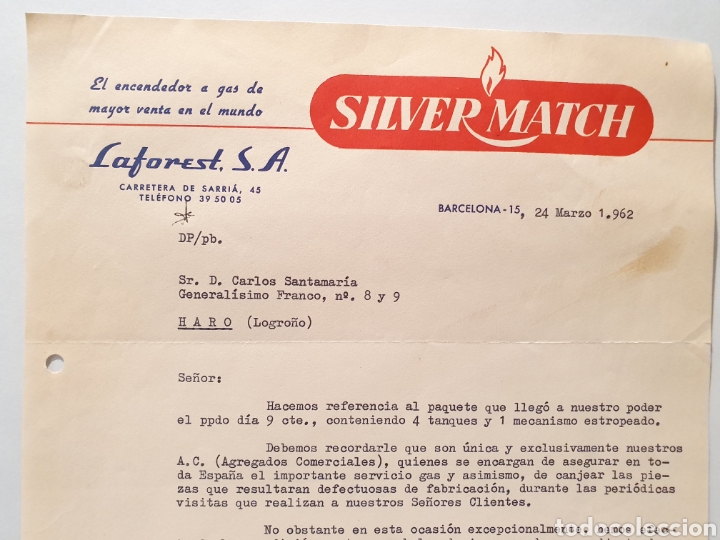 Factures anciennes: SILVER MACTH, ENCENDEDOR A GAS. LAFOREST. BARCELONA. FACTURA 1962.