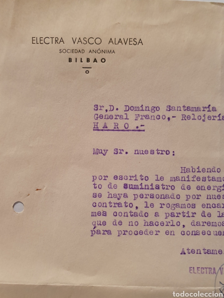 Factures anciennes: ELECTRA VASCO ALAVESA. BILBAO. FACTURA 1962.